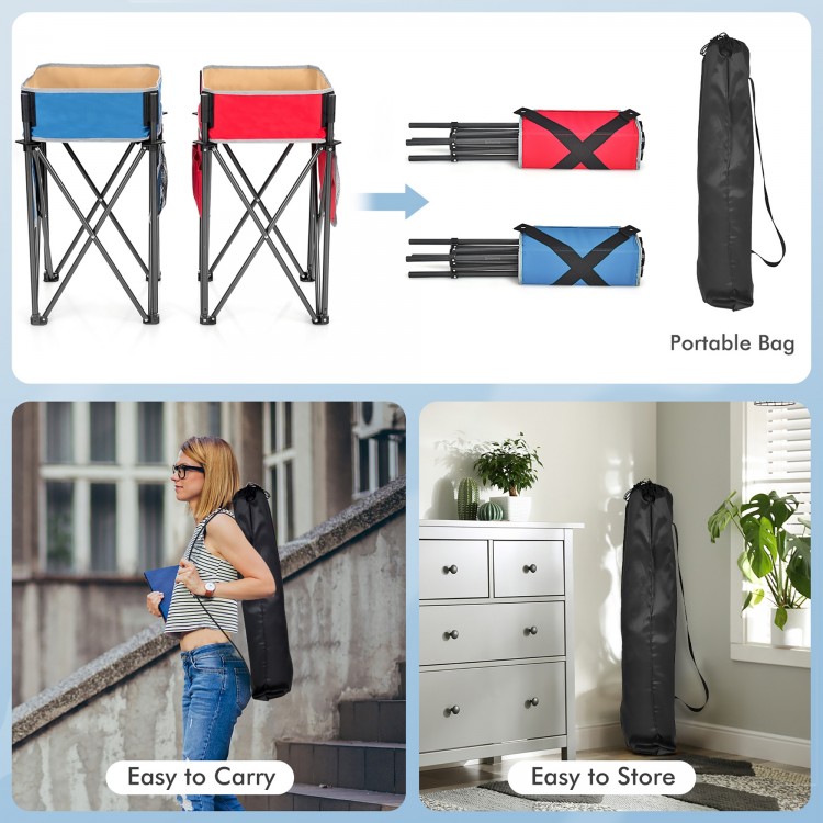 Folding camping tables in blue and red with large storage sinks, ideal for outdoor activities and easy to carry.