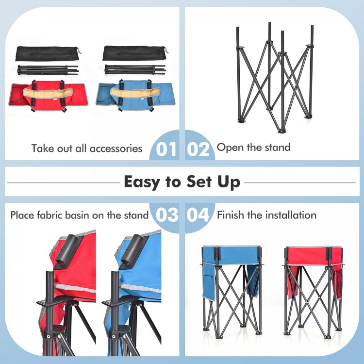 Folding camping tables in blue and red with large capacity storage sinks, ideal for outdoor activities and easy setup.