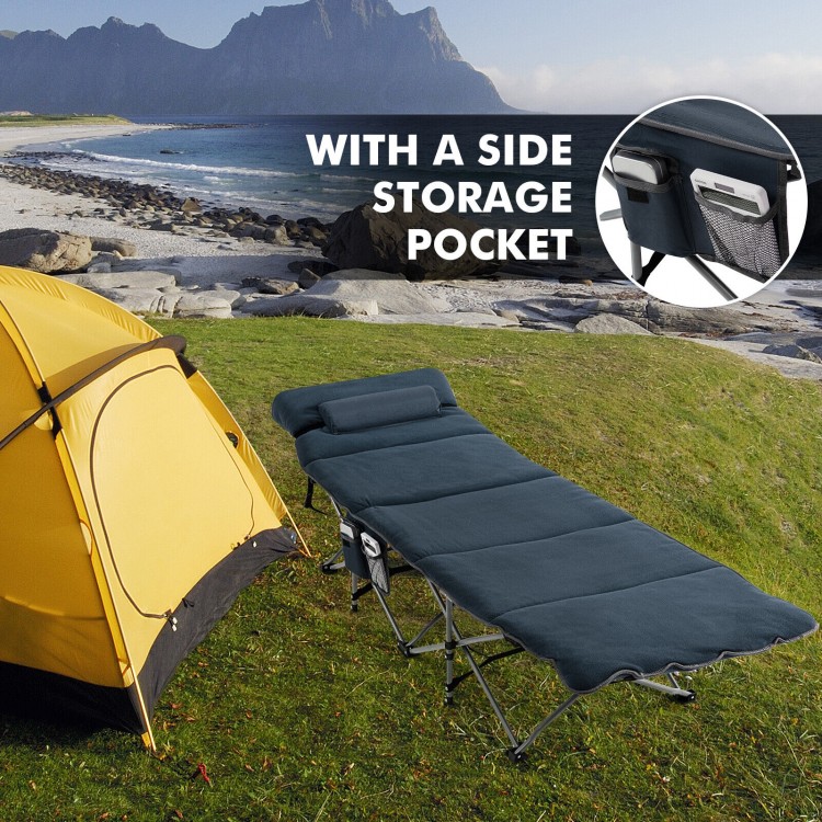 Folding camping cot with removable velvet mattress and side storage pocket, perfect for outdoor relaxation.