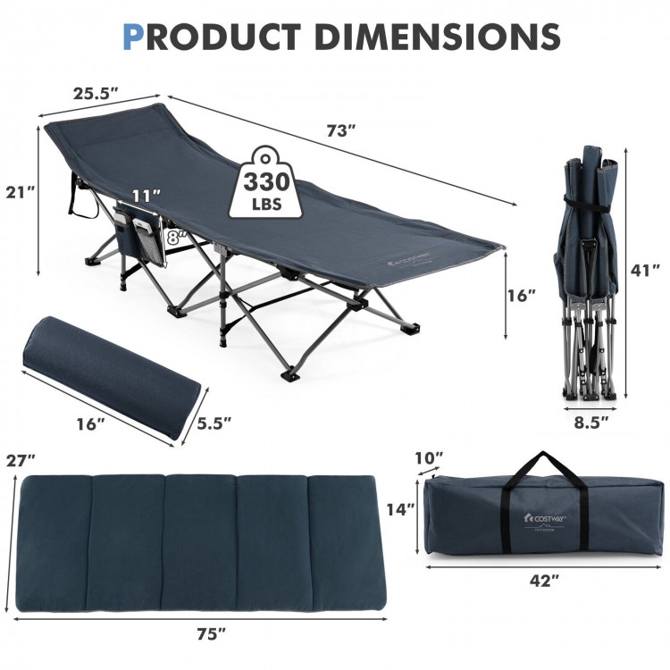 Folding camping cot with mattress, measuring 73” x 25.5”, supports 330 lbs, ideal for outdoor relaxation and travel.