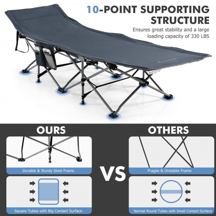 Folding retractable camping cot in blue with soft mattress, sturdy 10-point frame, and compact carry bag for easy.
