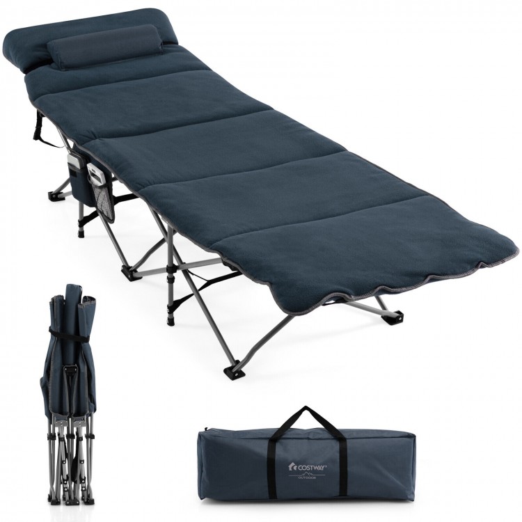 Folding travel camping cot in blue with removable velvet mattress and pillow, perfect for outdoor relaxation.