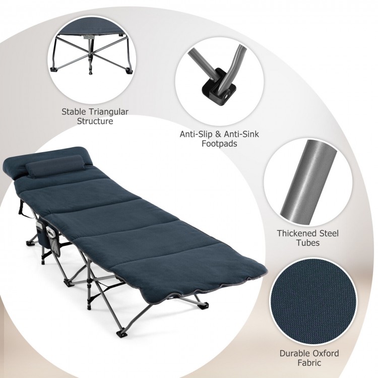 Folding camping cot with removable velvet mattress, sturdy steel frame, and compact carry bag for outdoor relaxation.