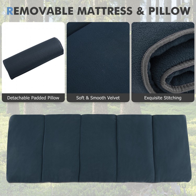 Folding camping cot with removable soft velvet mattress and padded pillow, designed for comfort and portability.