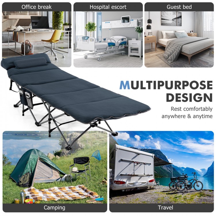 Folding retractable camping cot in blue with removable velvet mattress, ideal for travel and outdoor relaxation.