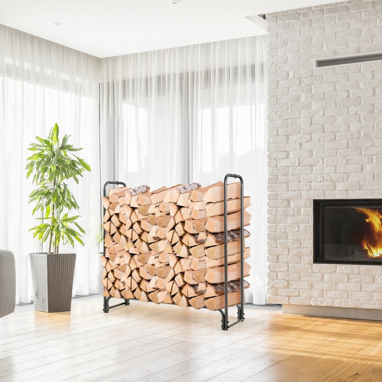 Firewood storage log rack with PVC cover, accommodating 14"-24" logs, featuring a durable iron frame for indoor use.
