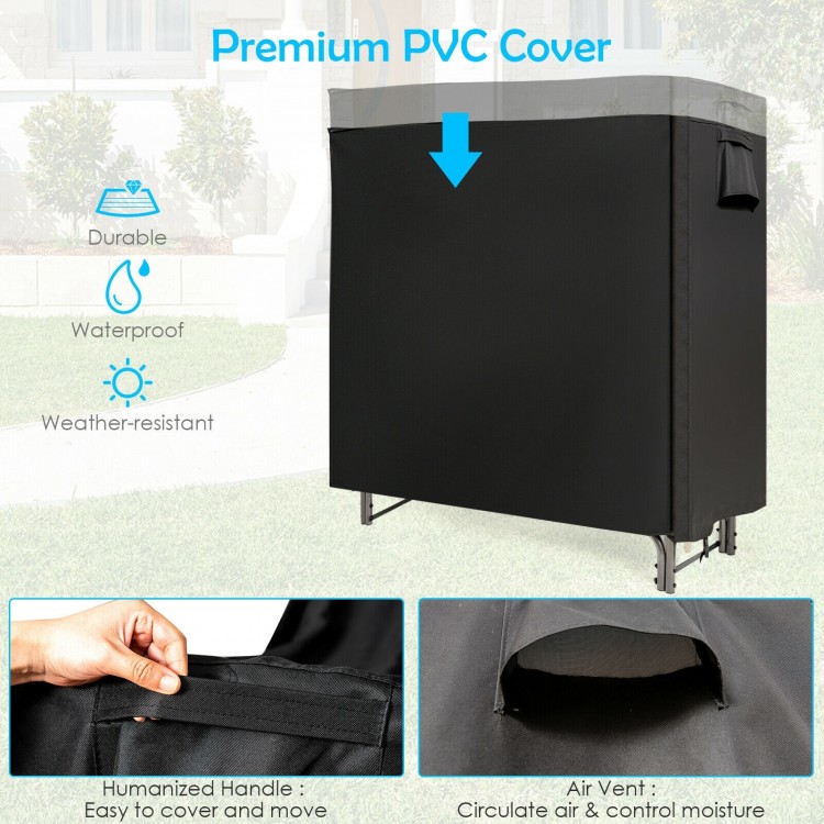 Firewood storage rack with 25" weather-resistant PVC cover, humanized handle, and air vent for moisture control.