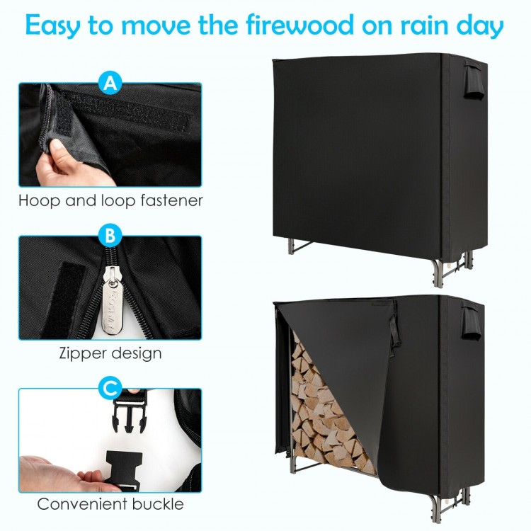 4-foot firewood storage rack with weather-resistant PVC cover, zipper design, and convenient buckle for easy access.