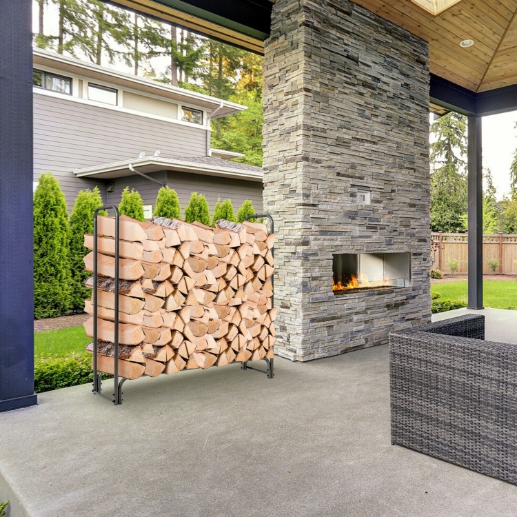 Firewood storage log rack with PVC cover, accommodating 14"-24" logs, placed in a stylish outdoor setting.
