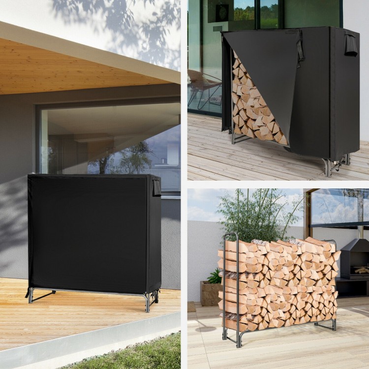 Firewood storage log rack with 25" PVC cover, raised base for ventilation, and durable powder-coated iron frame.