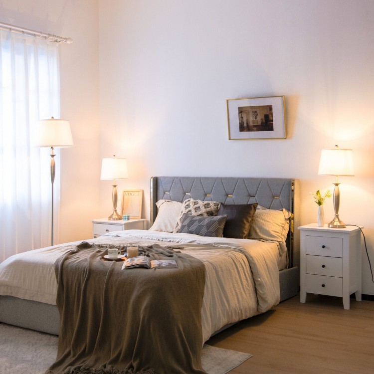 3-piece modern lamp set featuring silver finish and linen shades, ideal for elegant bedroom or living room decor.