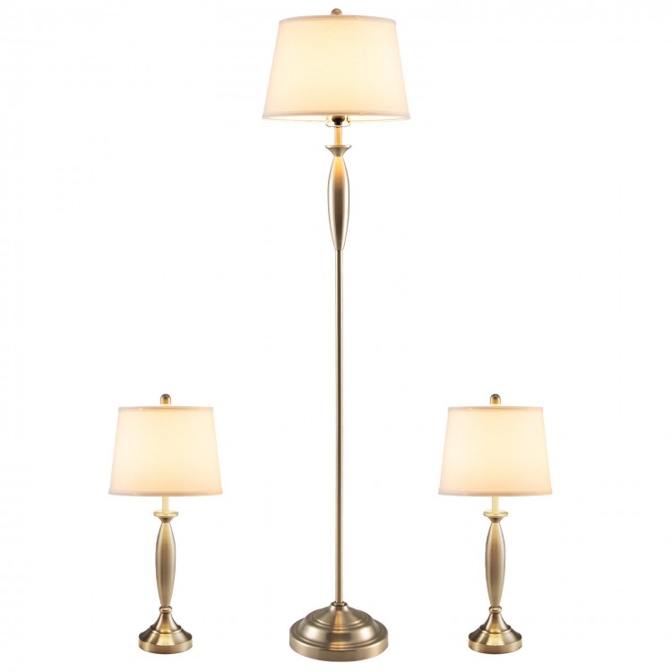 3-piece modern lamp set with silver nickel finish, featuring 2 table lamps and 1 floor lamp for elegant home decor.