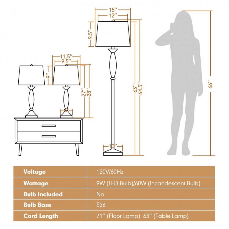 3-piece modern lamp set with silver nickel finish, featuring 2 table lamps and 1 floor lamp, ideal for elegant home.