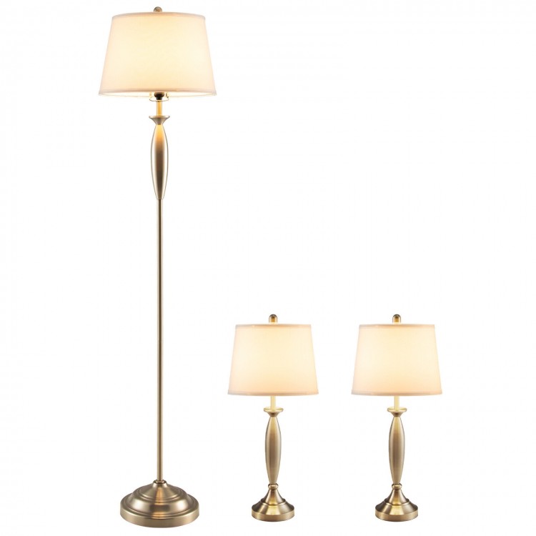 3-piece modern lamp set in silver finish, featuring 2 table lamps and 1 floor lamp with linen shades for elegant decor.