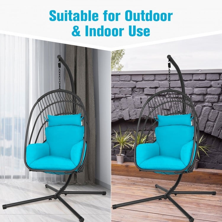 Hanging folding egg chair with turquoise cushion, durable steel frame, suitable for indoor and outdoor use.