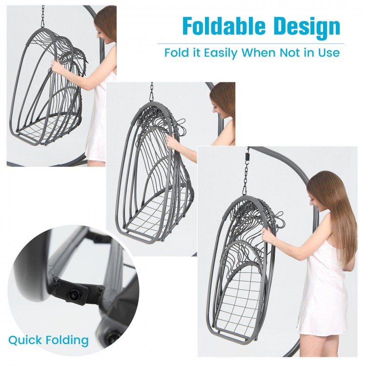 Folding design of the turquoise hanging egg chair with soft cushion, showcasing quick folding feature for easy storage.