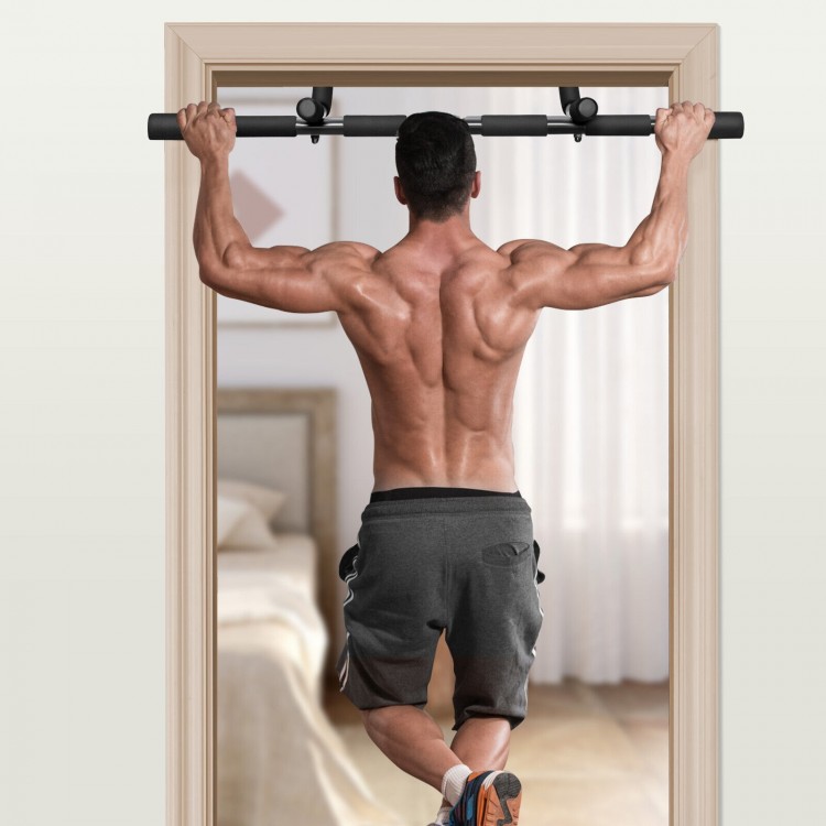 Multi-grip doorway pull-up bar with foam grips, supporting up to 330lbs, ideal for various upper body exercises at home.