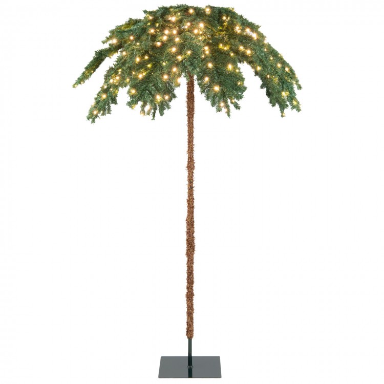 6-foot pre-lit artificial Christmas palm tree with 250 warm white LED lights, perfect for festive indoor or outdoor.