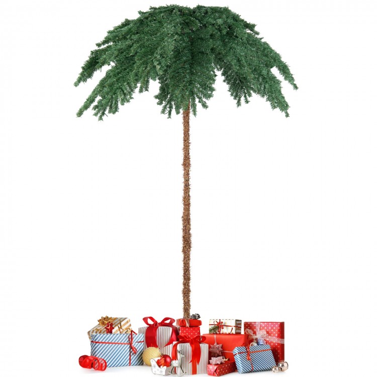 6-foot pre-lit artificial Christmas palm tree with 250 warm-white LED lights, perfect for festive indoor or outdoor.