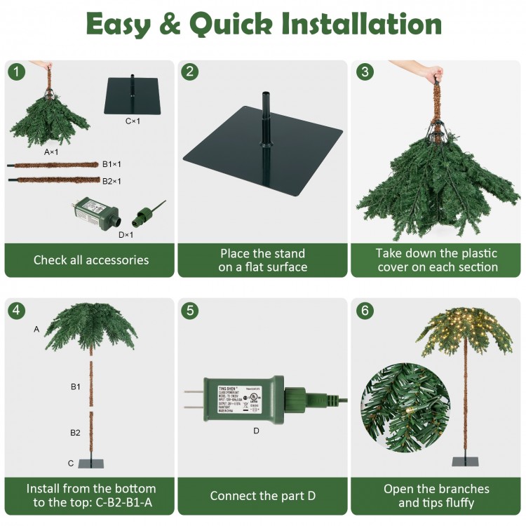 6-foot pre-lit artificial palm tree with 250 warm-white LED lights, featuring lush green needles for festive decor.