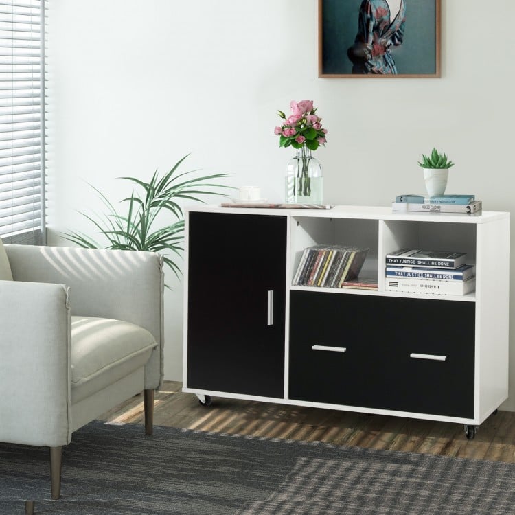 Lateral mobile file storage cabinet in white and black with open spaces, drawers, and wheels for easy mobility in any.
