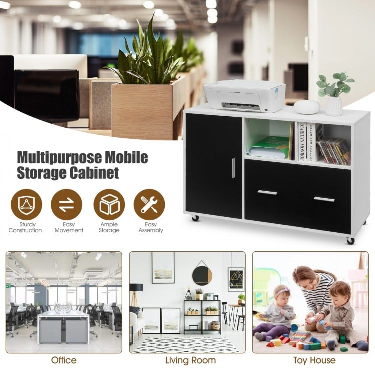 Lateral mobile file storage cabinet in white and black with open spaces, file drawer, and wheels for easy movement.