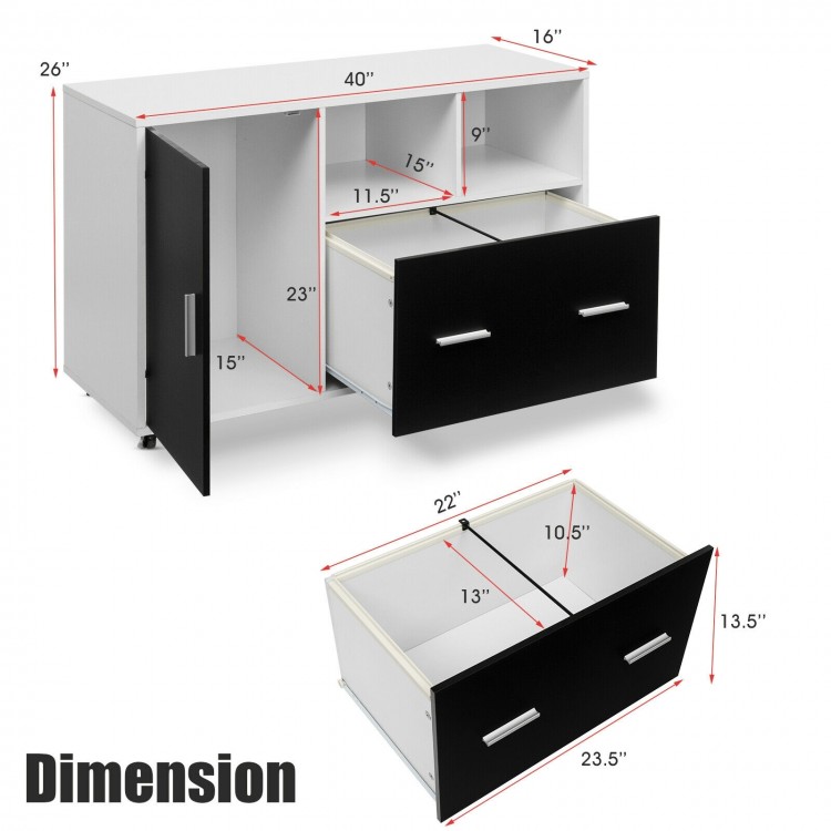 Lateral mobile file storage cabinet dimensions with open spaces, file drawer, and cupboard for versatile office use.