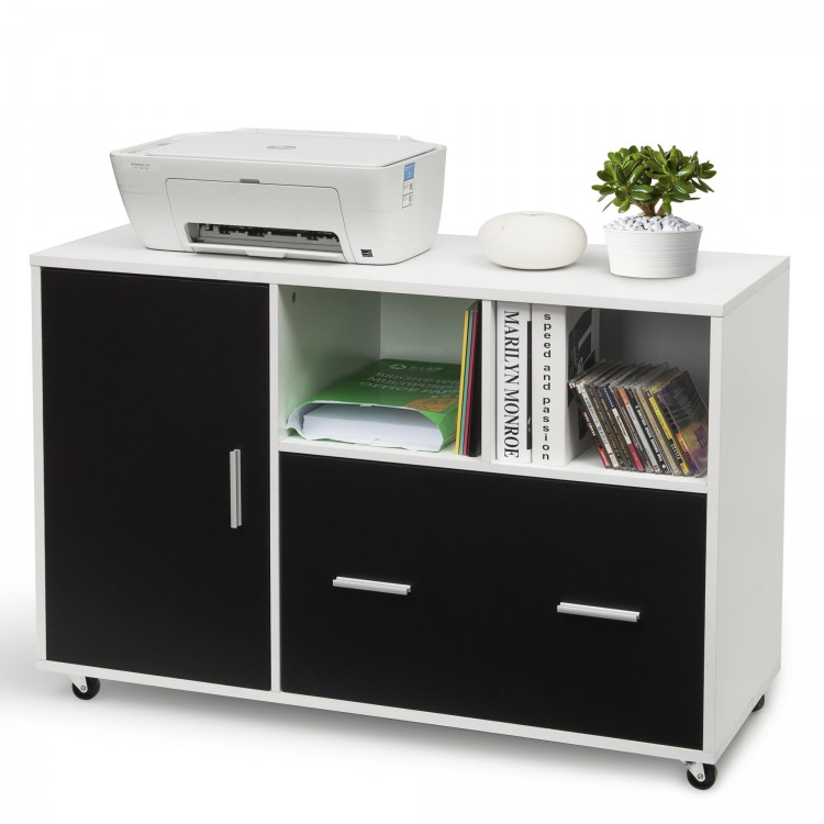 Lateral mobile file storage cabinet in white and black with open spaces, file drawer, and casters for easy mobility.