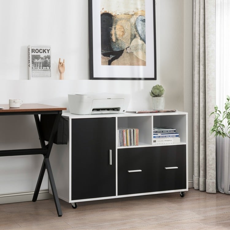 Lateral mobile file storage cabinet in black and white with open spaces, file drawer, and wheels for easy mobility.