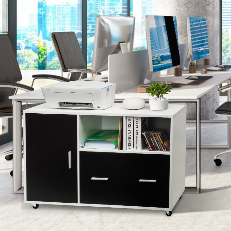 Lateral mobile file storage cabinet in white and black with open spaces, drawers, and wheels for easy mobility in.