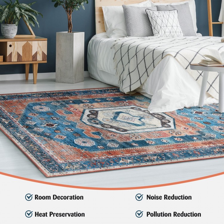 Distressed vintage area rug in blue and orange, 5 x 7 inches, perfect for living room or bedroom with noise reduction.