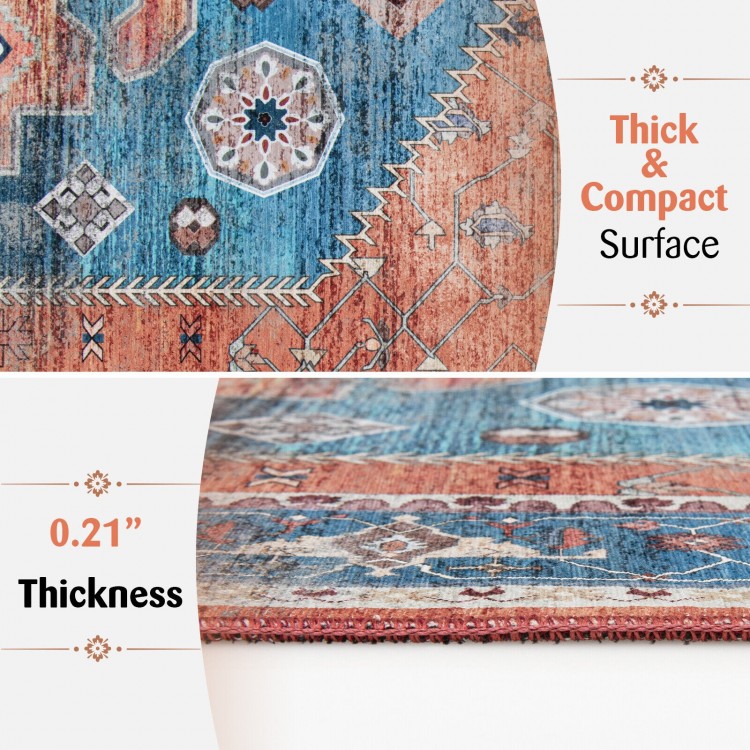 Close-up of the 5 x 7 inch non-shedding distressed vintage area rug, featuring a thick and compact surface with 0.21".