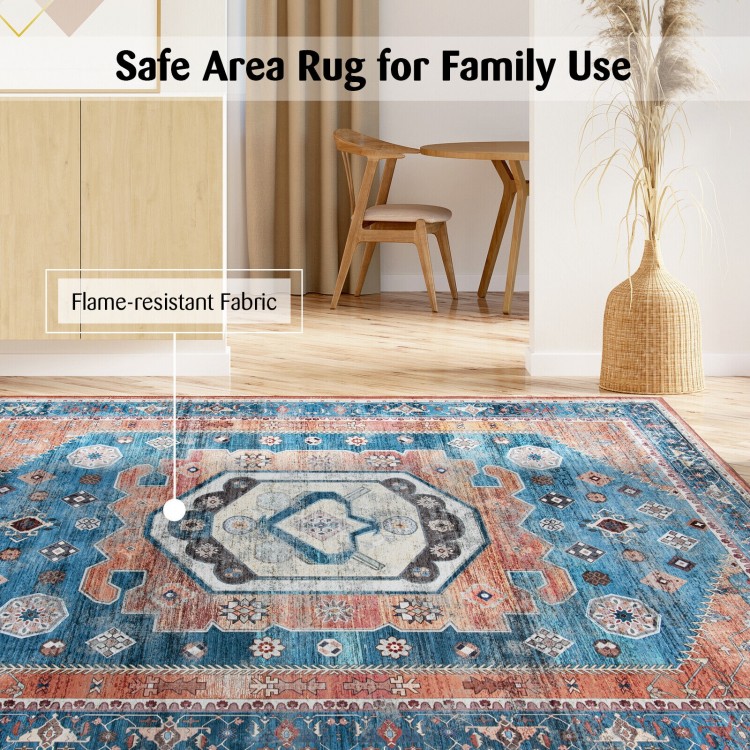 Distressed vintage area rug in blue, 5 x 7 inches, flame-resistant, non-slip, perfect for living room or bedroom use.