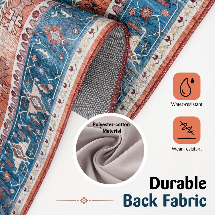 Close-up of the 5 x 7 inch vintage area rug showcasing durable polyester-cotton back fabric, water-resistant and.