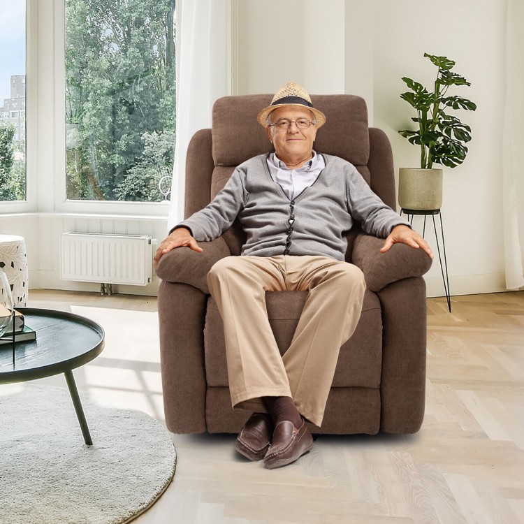 Power lift recliner sofa in brown, featuring adjustable backrest, side pocket, and remote control for easy use.