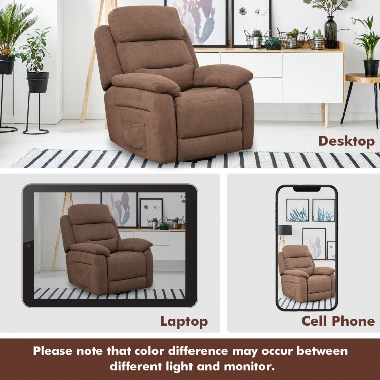 Brown power lift recliner sofa with side pocket, adjustable from 110 to 145 degrees, ideal for seniors' comfort.