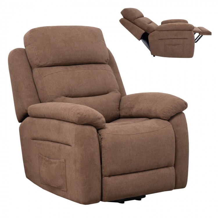 Brown power lift recliner sofa with side pocket and remote control, adjustable from 110 to 145 degrees for comfort.