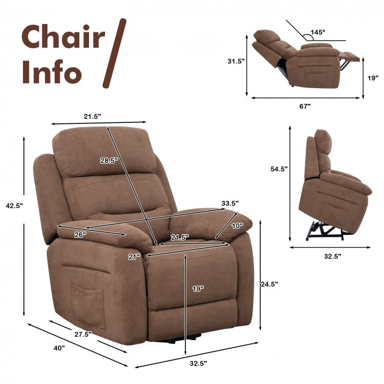 Brown power lift recliner sofa featuring dimensions of 67" length and 42.5" height, designed for optimal comfort and.