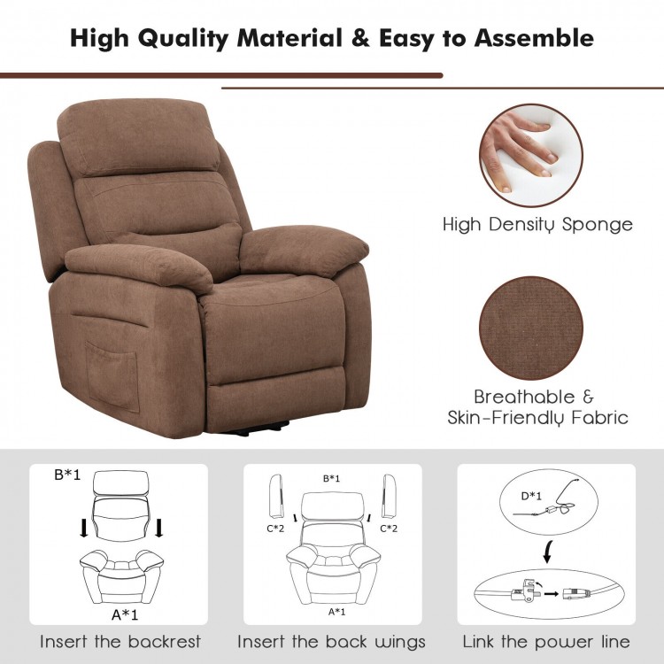 Power lift recliner sofa in brown with side pocket, remote control, and adjustable backrest for comfort and support.
