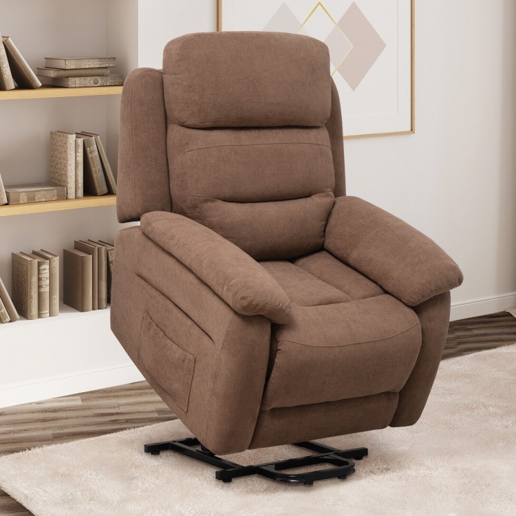Brown power lift recliner sofa showcasing plush padding and a side pocket, ideal for easy access to remote controls and.