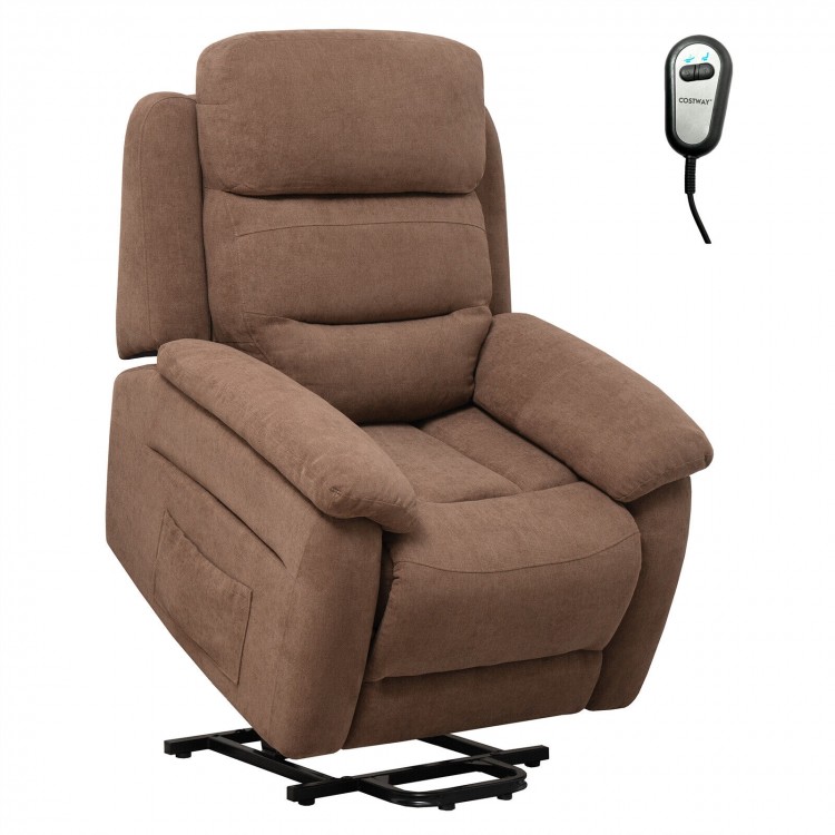 Brown power lift recliner sofa showcasing a comfortable padded seat and armrests, designed for easy standing and.