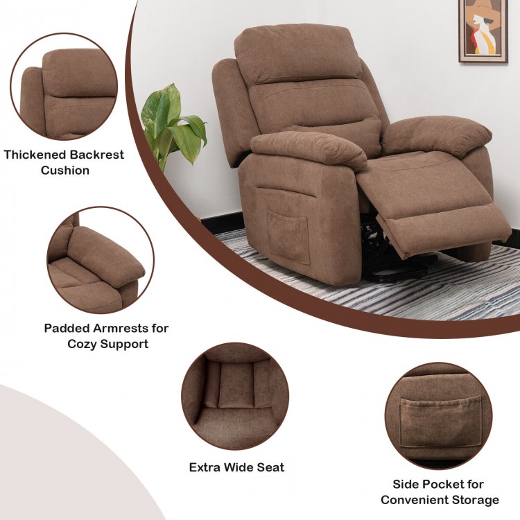 Power lift recliner sofa in brown with side pocket, padded armrests, and adjustable backrest for ultimate comfort.