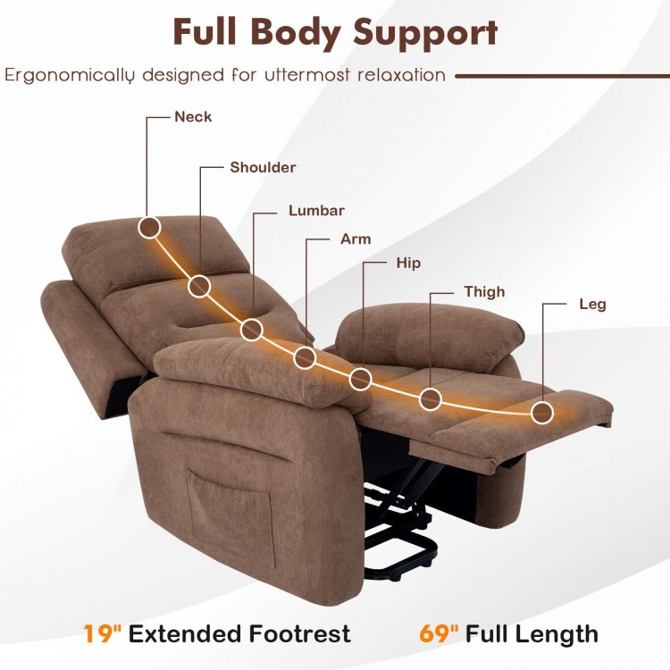 Power lift recliner sofa in brown with adjustable backrest, full body support, and side pocket for remote storage.