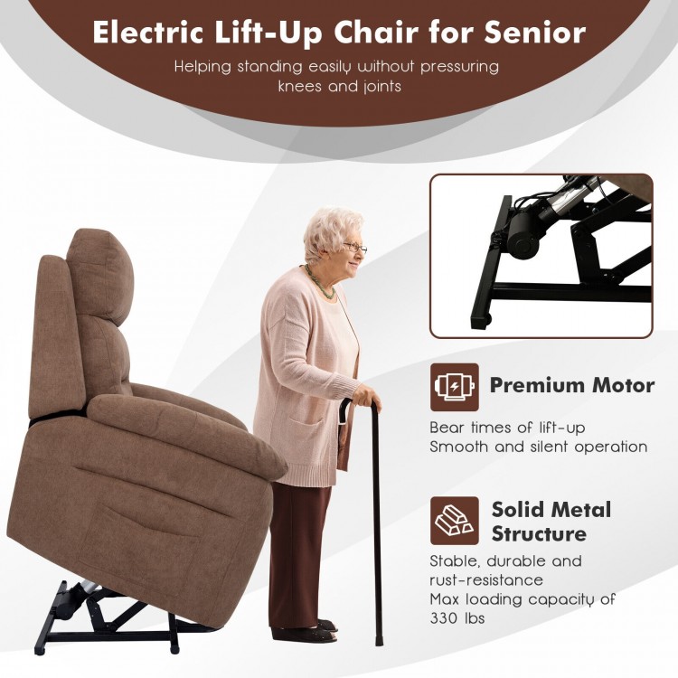 Electric lift recliner sofa in brown with side pocket, remote control, and adjustable backrest for seniors' comfort.