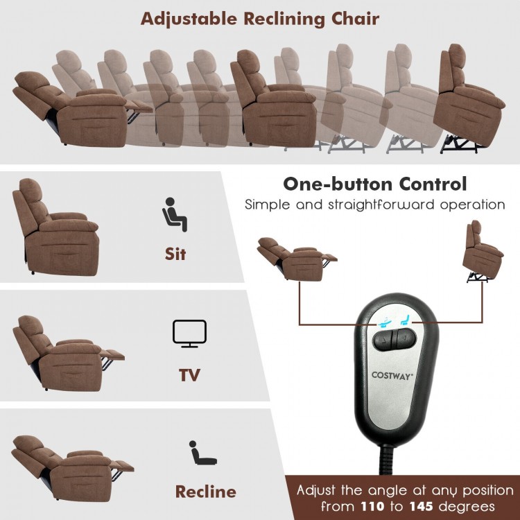 Adjustable power lift recliner sofa in brown with one-button control, side pocket, and ergonomic support for relaxation.