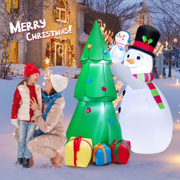 Inflatable 6-foot Christmas snowman and tree set with LED lights, featuring gift boxes, perfect for festive outdoor.