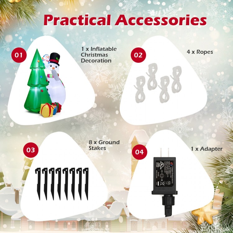Inflatable Christmas snowman and tree decoration set with LED lights, ideal for festive outdoor displays and stability.