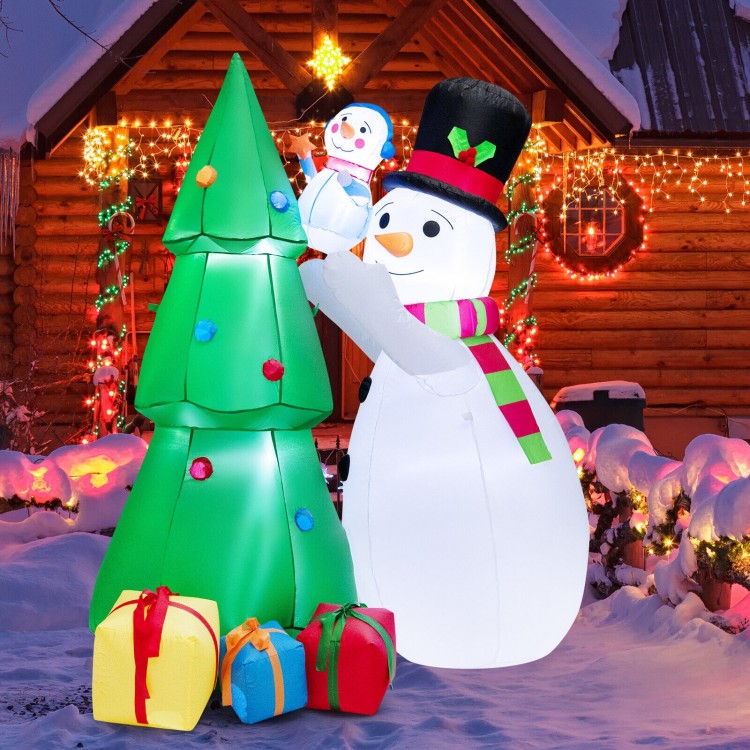 Inflatable 6-foot Christmas snowman and tree set with LED lights, featuring gift boxes for festive outdoor decor.