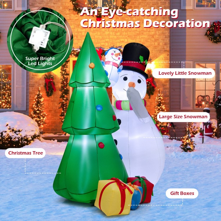 6-foot inflatable Christmas snowman and tree decoration set with LED lights, featuring gift boxes for festive ambiance.