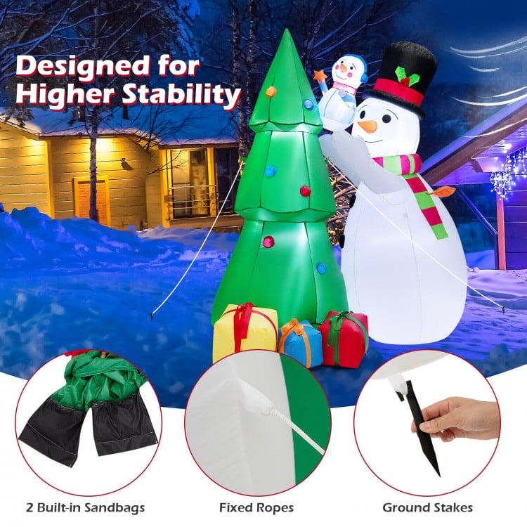 Inflatable 6-foot Christmas snowman and tree set with LED lights, featuring gift boxes and stability features for.